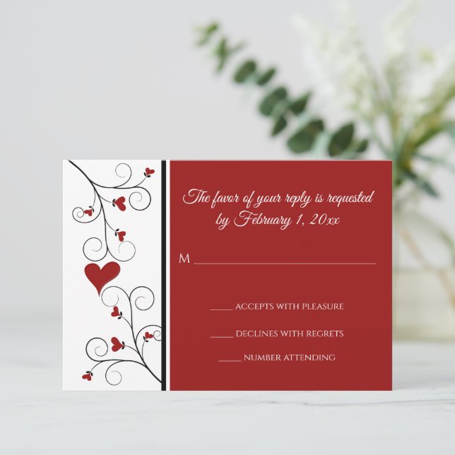 Love Grows | Red Hearts Valentine Wedding RSVP Card (Standing Front)