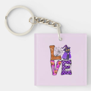 LOVE Halloween Design with Black Witch Cat Keychain