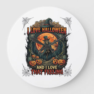 Love Halloween Skeleton Scarecrow Full Moon Pumpki Large Clock
