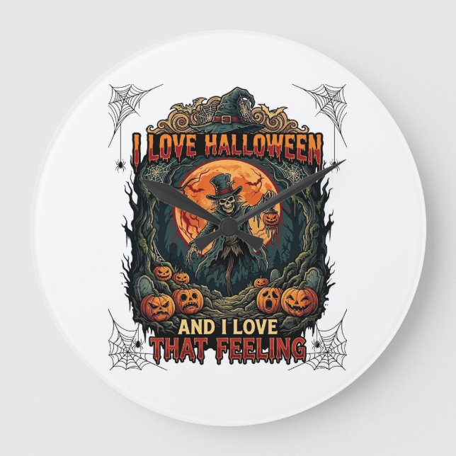 Love Halloween Skeleton Scarecrow Full Moon Pumpki Large Clock (Front)