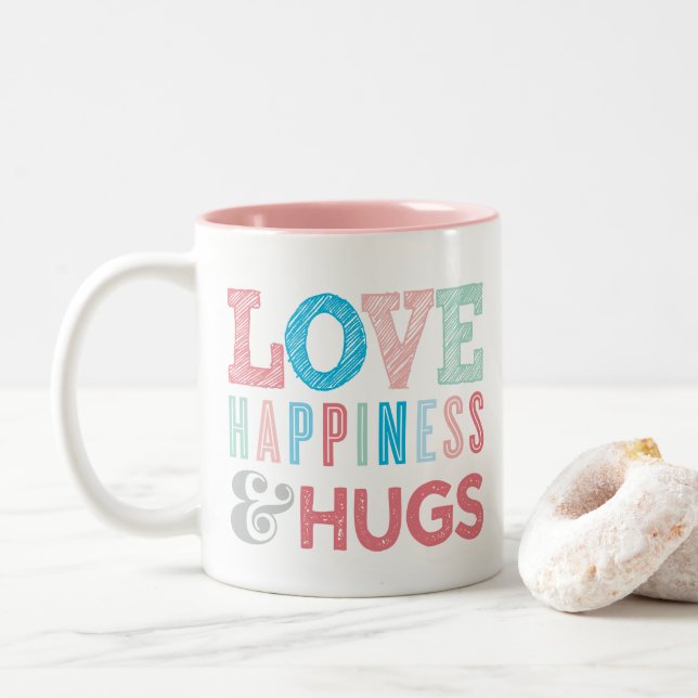 LOVE, HAPPINESS AND HUGS modern quote TYPOGRAPHY Two-Tone Coffee Mug (With Donut)