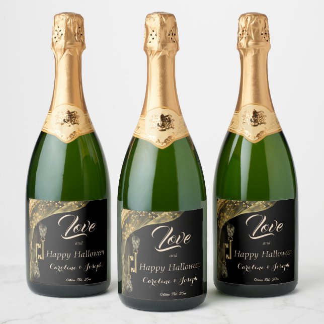 Love & Happy Halloween Elegant Gold & Skulls Sparkling Wine Label (Bottles)
