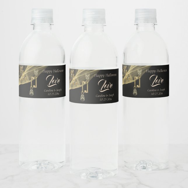 Love & Happy Halloween Elegant Gold & Skulls  Water Bottle Label (Bottles)