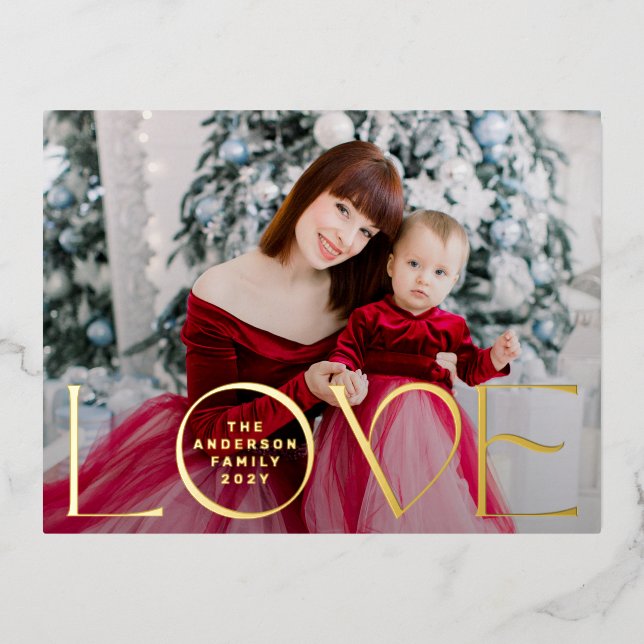 LOVE happy holidays text photo merry christmas Foil Holiday Postcard (Front)