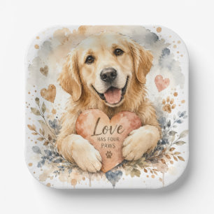 Love Has Four Paws Golden Retriever Watercolor Dog Paper Plate