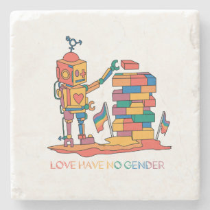 Love Has No Gender – Rainbow Wooden Robot Stone Coaster