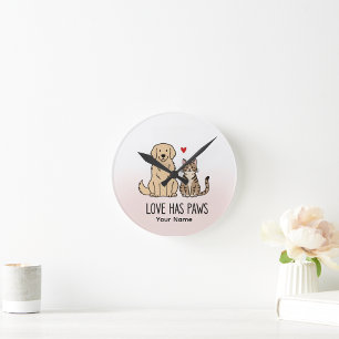 Love Has Paws   Cute Minimalist Dog and Cat Illust Round Clock