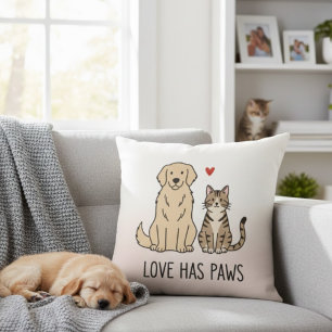 Love Has Paws Cute Minimalist Dog and Cat Illust Throw Pillow