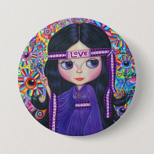 Love Headband Hippie Girl Doll Purple Psychedelic 3 Inch Round Button (Front)
