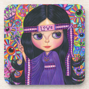 Love Headband Hippie Girl Doll Purple Psychedelic Coaster