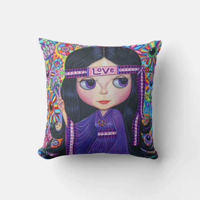 Love Headband Hippie Girl Doll Purple Psychedelic Throw Pillow (Front)