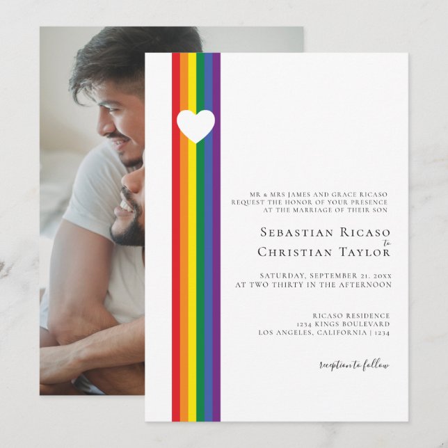 Love Heart and Rainbow Gay Wedding Invitation (Front/Back)