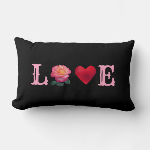 Love Heart and Rose Flower on Black Lumbar Pillow
