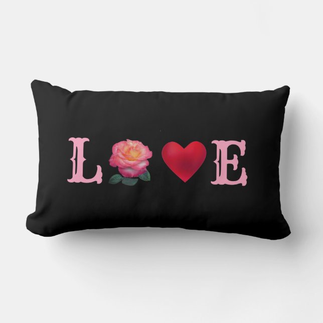 Love Heart and Rose Flower on Black Lumbar Pillow (Front)