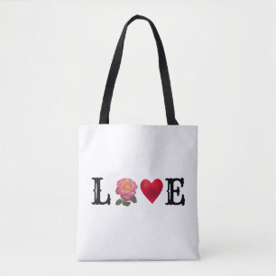 Love Heart and Rose Flower Tote Bag