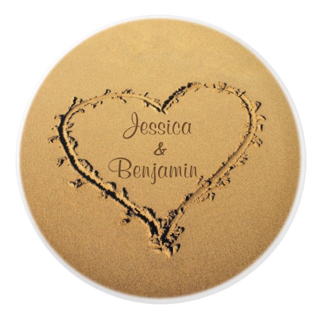 Love Heart at the Beach Personalized Names Ceramic Knob (Front)