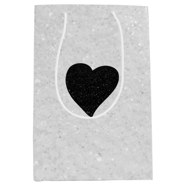 Love Heart Black Glitter Valentine's Medium Gift Bag (Front)