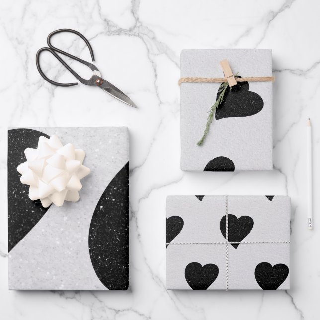 Love Heart Black Glitter Valentine's Wrapping Paper Sheet (Front)