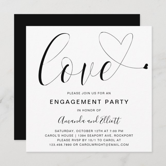 Love Heart Black White Typography Engagement Party Invitation (Front/Back)