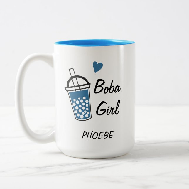 Love Heart Boba Girl Custom Personalized Novelty Two-Tone Coffee Mug (Left)