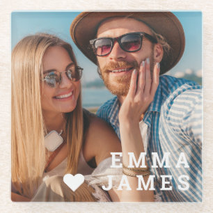 Love Heart Couple Photo Personalized Names Gift Glass Coaster