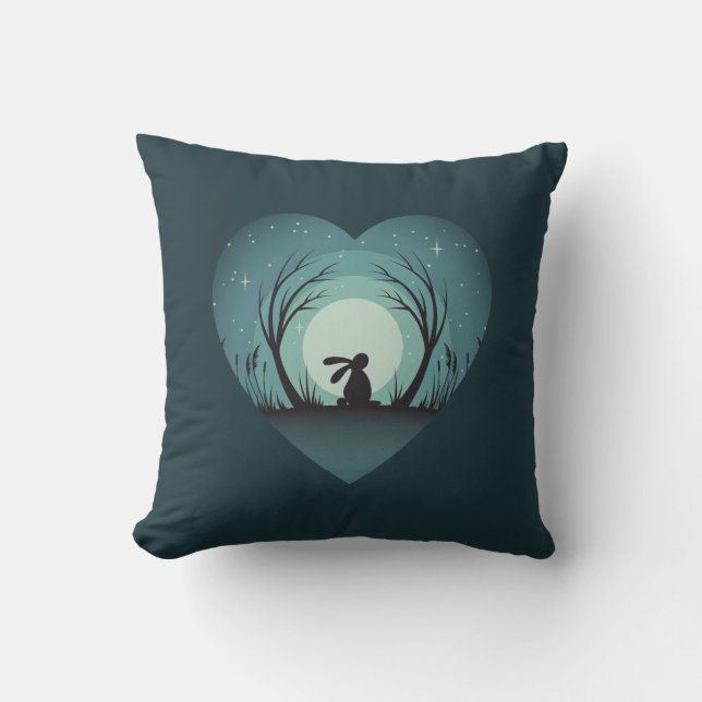 Love Heart Hare, Rabbit Silhouette In Moonlight Throw Pillow (Front)