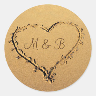 Love Heart in the Sand Personalized Monograms Classic Round Sticker