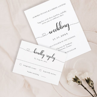 Love Heart Modern Black And White Wedding RSVP Invitation