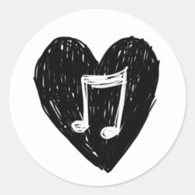 Love Heart Musical Note Doodle Black on White Classic Round Sticker (Front)