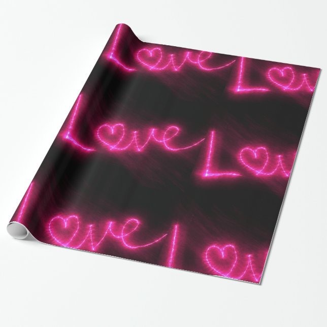love heart neon hot pink black wrapping paper (Unrolled)