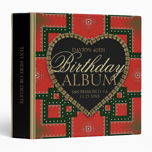 Love Heart on Red Black Gold Stud Pattern Birthday Binder (Front/Spine)