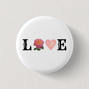 Love Heart & Pink Rose Flower 1 Inch Round Button