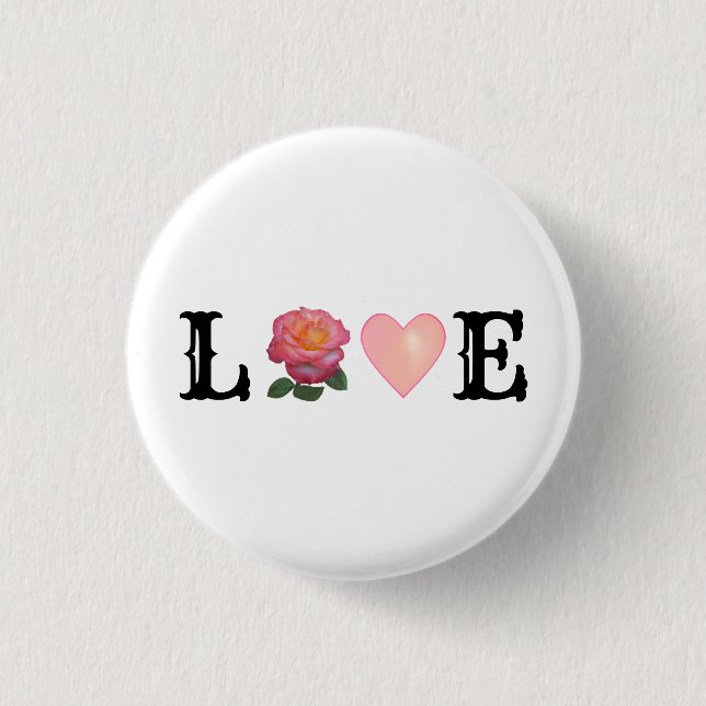 Love Heart & Pink Rose Flower 1 Inch Round Button (Front)
