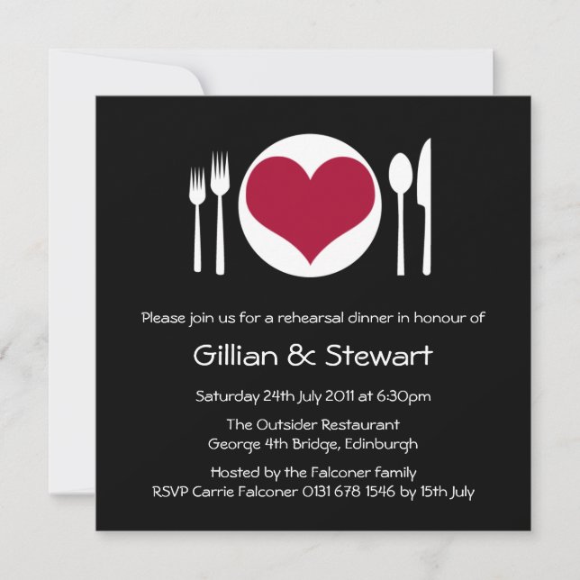 Love Heart Plate Rehearsal Dinner Invitation - Red (Front)