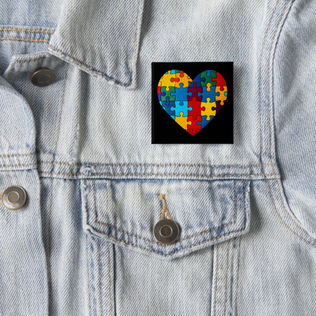 Love Heart Puzzle Acceptance Autism Awareness 2 Inch Square Button (In Situ)