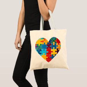 Love Heart Puzzle Acceptance Autism Awareness Tote Bag