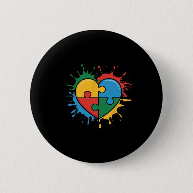 Love Heart Puzzle Piece Acceptance Autism Awarenes 2 Inch Round Button (Front)