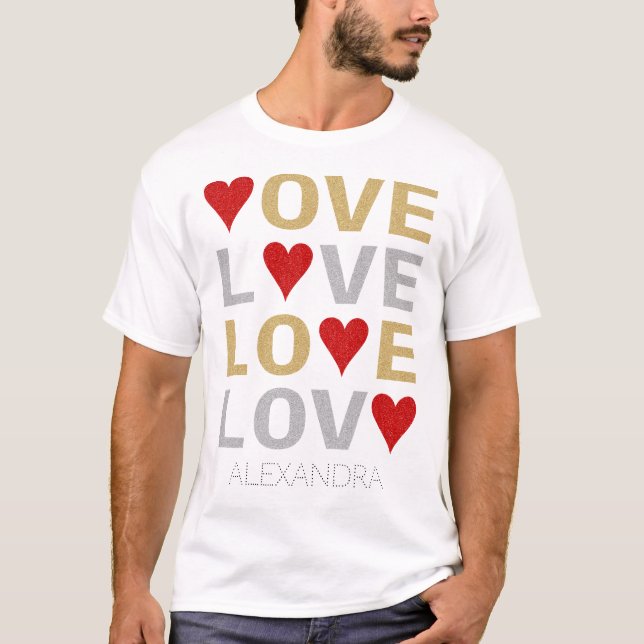 Love Heart Red Gold Silver Glitter Name Custom T-Shirt (Front)