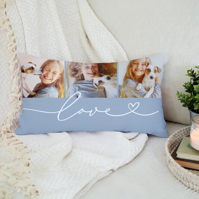 Love Heart Script Chambray Custom 3 Photo Collage Lumbar Pillow (Creator Uploaded)