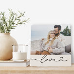 Love Heart Script Ivory Photo Display Plaque<br><div class="desc">An elegant ivory plaque sign featuring "Love" in graceful black calligraphy script with a heart flourish, layered over a single custom photo. The soft cream colour band gives this piece a clean, timeless feel. The photo is fully customizable — a beautiful keepsake for couples, a wedding gift, engagement present, or...</div>