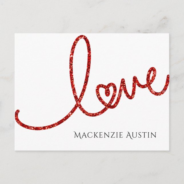 Love Heart Script | Modern Red Glitter Valentine Holiday Postcard (Front)
