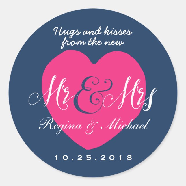 Love Heart Script Mr and Mrs Wedding Favour Sticke Classic Round Sticker (Front)