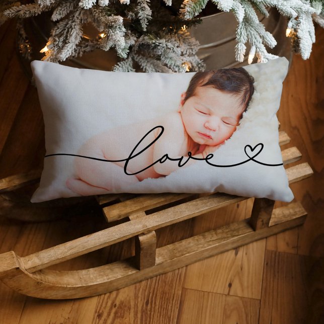 Love Heart Script Photo Black Text Lumbar Pillow (Creator Uploaded)