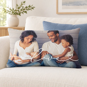 Love Heart Script Photo White Text Lumbar Pillow