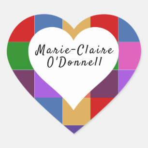 LOVE HEART SHAPE COLORED SQUARES NAMED BOOKPLATES STICKER