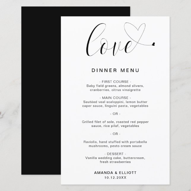 Love Heart Simple Modern Mariage Menu (Devant / Derrière)