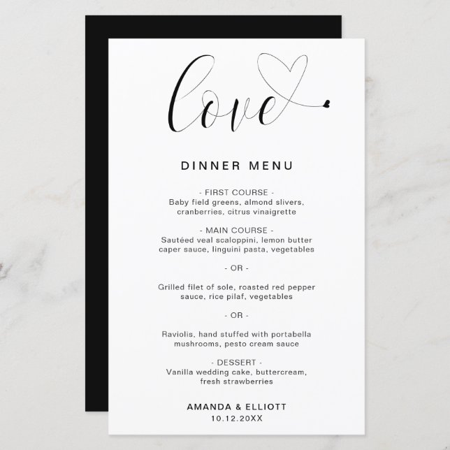 Love Heart Simple Modern Wedding Menu (Front/Back)