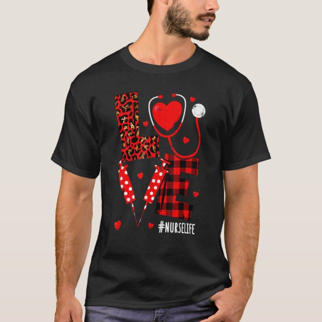 Love Heart Stethoscope Nurse Life Leopard Valentin T-Shirt (Front)