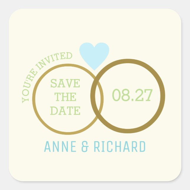 love heart & two wedding rings / save the date  square sticker (Front)