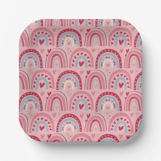 Love Heart Valentines Day Rainbow Square  Paper Plate (Front)